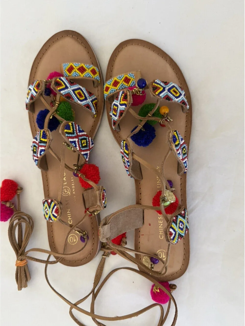 NEW Chinese Laundry Posh Boho Sandals Size 10 Beaded Pom Poms Coins Gladiator